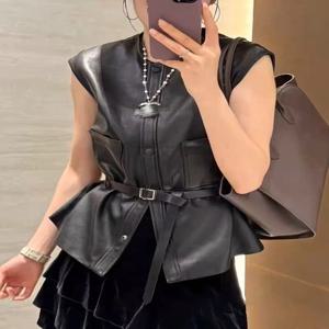 패션 슬림 포켓 벨트 조끼 여성 Femme 100% 가죽 블랙 부르고뉴 양복 조끼 Mujer 스웨터 Manteau 민소매 자켓