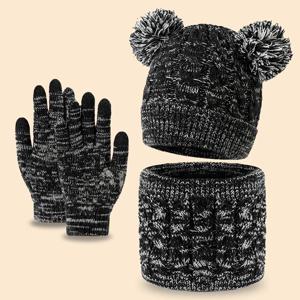 3pc3-14Y 어린이용 모직 모자, 스카프, 장갑 세트 겨울용 어린이 따뜻한 니트 모자