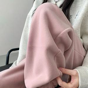 여성용 핑크 플리스 스포츠 팬츠 가을 겨울 두꺼운 따뜻한 면바지 키 작은 발목 묶음 플리스 생리 팬츠