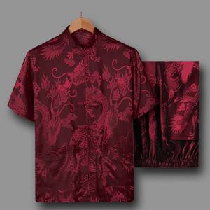 노인 남성용 실크 파자마 세트, 반팔 레저웨어 여름옷, 할아버지 스타일 아빠 옷, 니트 원단, 관리 용이