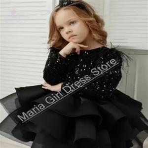 블랙 프릴 웨딩을위한 사랑스러운 꽃의 소녀 드레스 스팽글 푹신한 레이어링 어린이 생일 파티 첫 영성체 가운