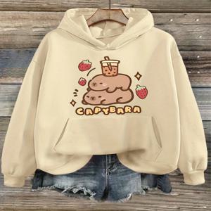 여성용 만화 딸기 카피바라 귀여운 프린트 후드티 가을 겨울 2025 긴팔 탑 스웨트셔츠 의류