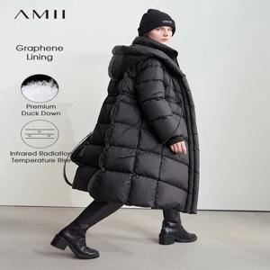 AMII 후드 다운 재킷 여성용 2025 겨울 신상 따뜻한 단색 롱 스트레이트 다운 코트 여성용 드로스트링 허리 탑 12424027