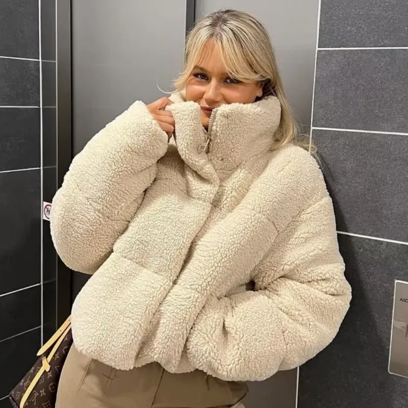 가을과 겨울 여가용 신상 여성 양털 숏 코튼 코트 스탠딩 칼라 두꺼운 따뜻한 여성 의류