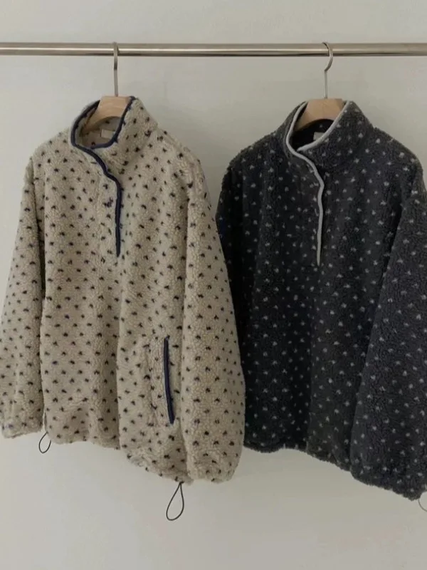 폴카 도트 플리스 오버사이즈 긴팔 후드티 여성 아우터웨어 편안한 루즈 스타일 가을 겨울 신상품