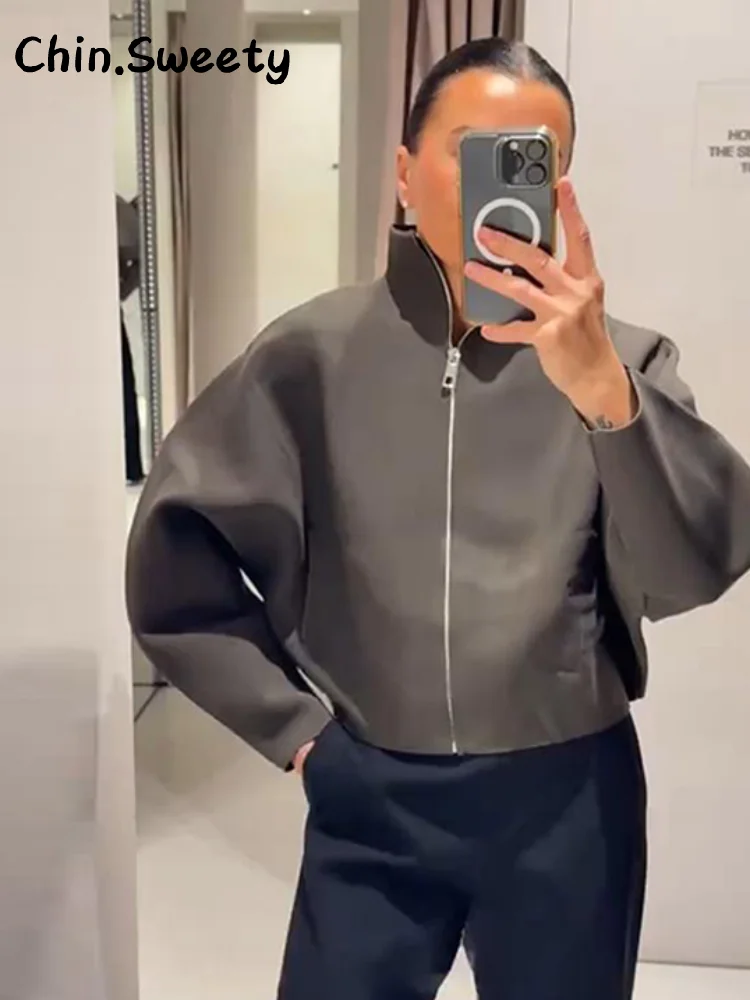 캐주얼 여성 니트 스탠드 칼라 크롭 재킷 루즈 풀 슬리브 지퍼 코트 2025 가을 겨울 여성 시크 출퇴근 아우터웨어