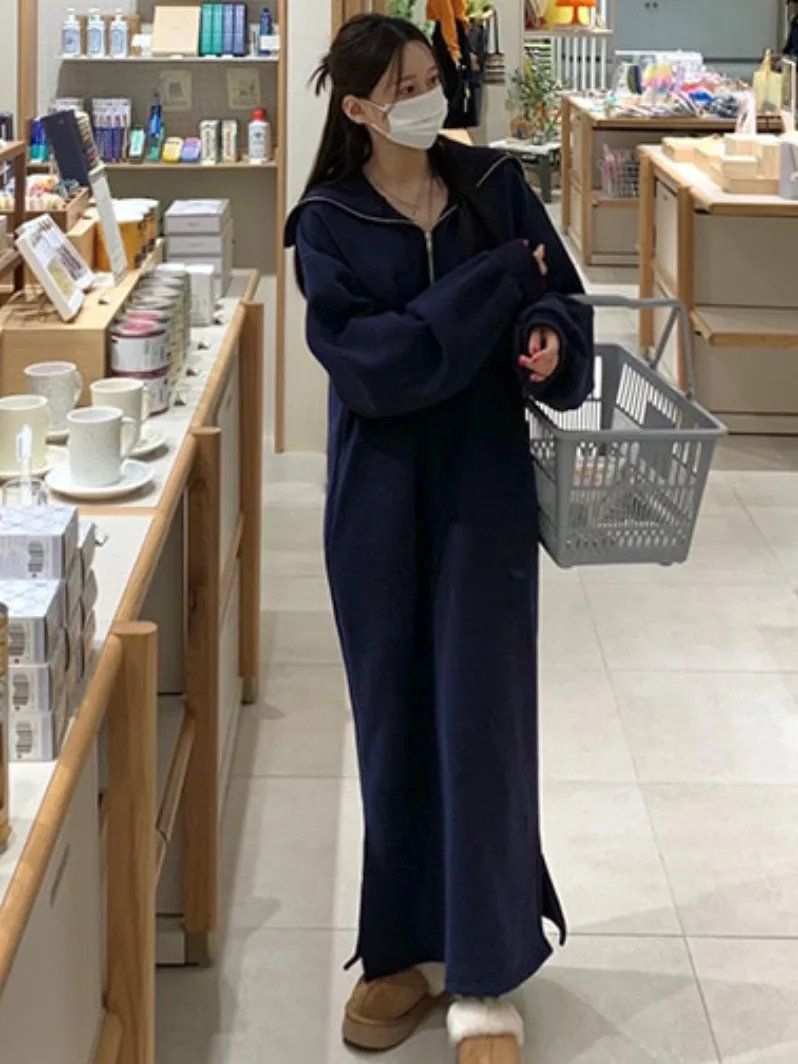 시크한 가을 겨울 부드러운 레이지 스타일 네이비 칼라 루즈 캐주얼 긴팔 스웨트셔츠 드레스 중간 길이 여성 드레스 편안함