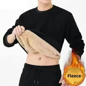겨울 남성 양털 플리스 스웨트셔츠 단색 따뜻한 라운드넥 긴팔 남성 보온 속옷 상의 벨벳 두꺼운 상의