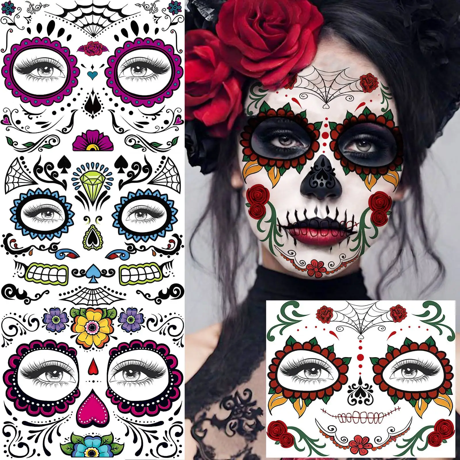 4 시트 스티치 입 끔찍한 얼굴 문신 좀비 괴물 임시 문신 남성 여성 성인 할로윈