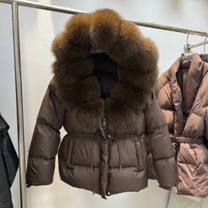 겨울 탈부착 가능한 천연 큰 모피 칼라 다운 재킷 여성용 화이트 덕 다운 파카 아우터웨어 여성용 드로스트링 따뜻한 두꺼운 재킷