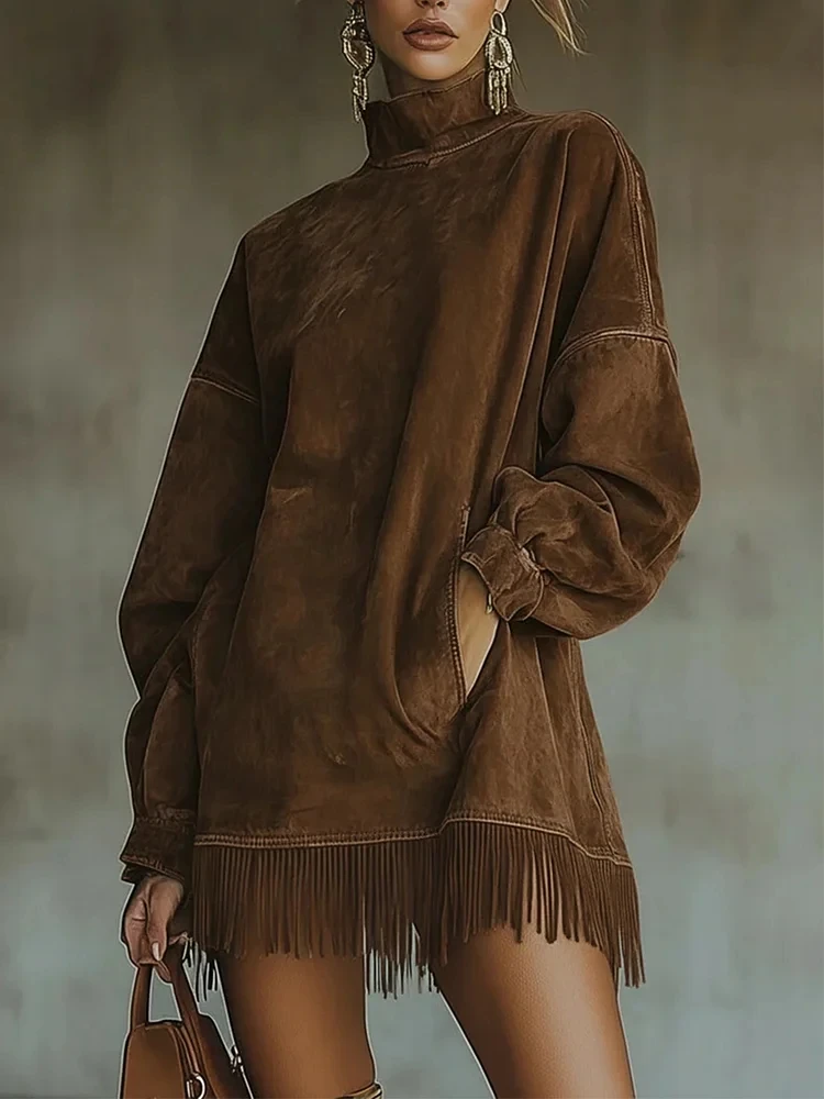 패션 레트로 스웨이드 태슬 미니 드레스 하이넥 긴팔 포켓 프린지 헴 드레스 아미 그린 브라운 가을 파티 드레스