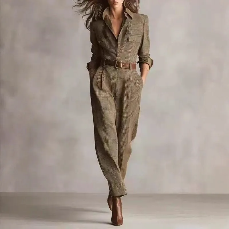 2025 가을 여성 클래식 레트로 체크무늬 오버롤 벨트 점프수트 패션 캐주얼 라펠 긴팔 여성 롬퍼 오피스룩