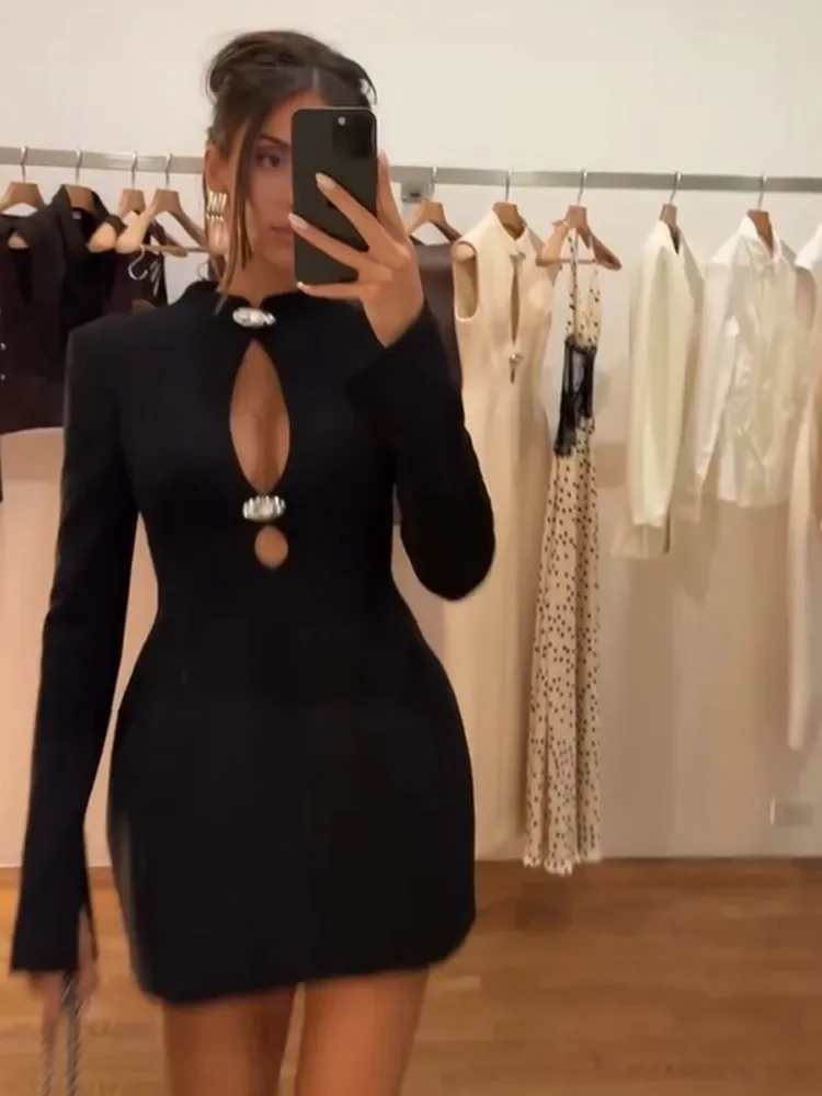 블랙 홀로우 아웃 미니 드레스 여성 섹시 긴 소매 바디콘 허리 조임 드레스 2025 시크 가을 오피스 레이디 출퇴근 드레스