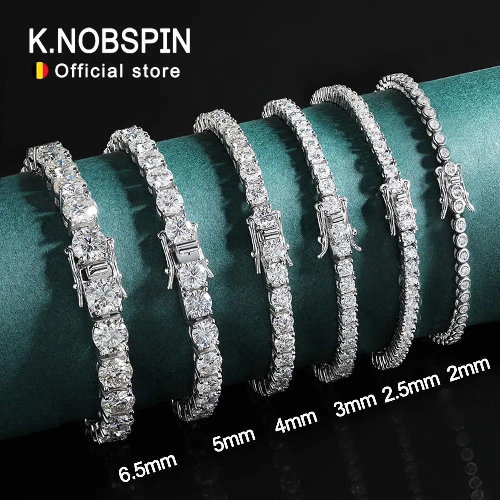 KNOBSPIN 2mm 모이사나이트 테니스 팔찌 925 스털링 실버 도금 화이트 골드 팔찌 여성 남자 스파클링 파티 쥬얼리