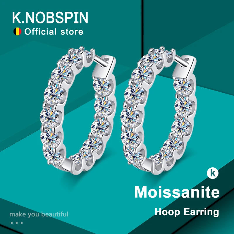 KNOBSPIN 2.6ct D 컬러 Moissanite 귀걸이 여성을위한 925 스털링 슬라이버 도금 화이트 골드 후프 귀걸이 웨딩 파티 쥬얼리