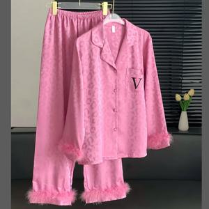 2024 여름 새 잠옷 정장 긴 소매 레오파드 Nightwear 2Pcs Pjs 여성 새틴 홈 슈트 럭셔리 레오파드 셔츠 & 바지 Loungewear