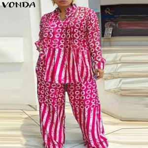 플러스 사이즈 5XL VONDA 여성 매칭 세트 2024 패션 긴 소매 정장 폴카 도트 스트라이프 셔츠와 탄성 허리 바지 세트