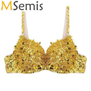 여성용 벨리댄스 브라탑 반짝이 스팽글 비딩 패드 브라탑 벨리댄스 탑 공연 의상 레이브 파티 클럽웨어
