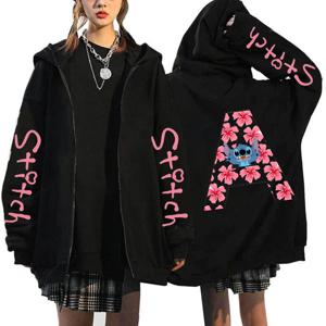 90년대 스웨터 여성용 지퍼 업 후드 귀여운 카와이 디즈니 릴로 & 스티치 레터 까마귀 지퍼 자켓 커플 streetwear Hoody