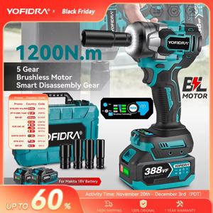 YOFIDRA 1200N.m 브러시리스 전기 임팩트 렌치 5단 변속 1/2'' 스크루드라이버 자동차 수리용 전동 공구 (마키타 18V 배터리 핀 호환)