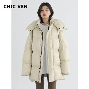 CHIC VEN 한국 여성용 다운 코트 루즈 스탠드 칼라 후드 미드 롱 90 화이트 덕 다운 재킷 여성용 오버코트 겨울 여성 2025