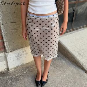 Candyhot 폴카 도트 프린트 우아한 로우 허리 스트레이트 미디 스커트 Y2K 여름 패션 홀리데이 프렌치 뉴 올 매치 여성 베스 티드