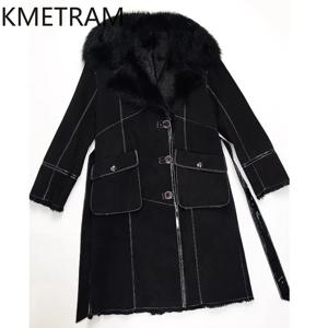 천연 염소 가죽 양털 양면 퍼 재킷 여성 럭셔리 블랙 롱 리얼 퍼 코트 겨울 여성 의류 2025 여성용 코트
