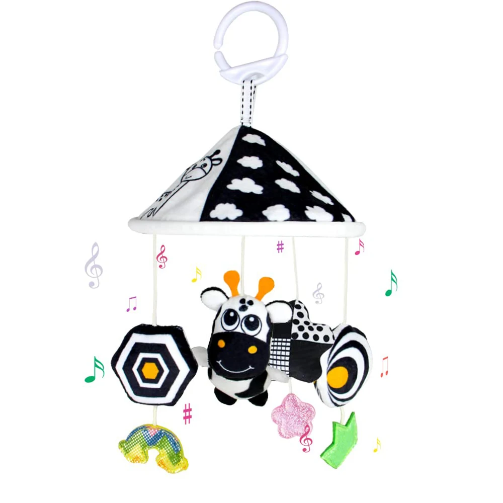 흑백 고 대비 아기 장난감 자동차 좌석 장난감 신생아 매달려 유모차 장난감 0 12 개월 유아 딸랑이 장난감