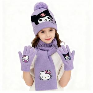 3-8세 쿠로미 헬로키티 산리오 모자+스카프+장갑 3종 세트 겨울 세트 니트 모자 스티치 남아 여아 모자 어린이 선물