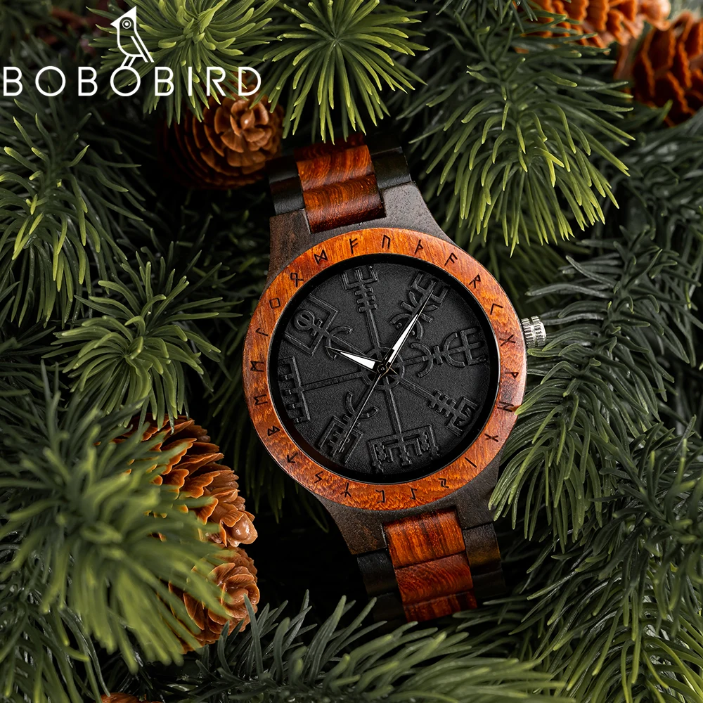 BOBO BIRD 남성용 시계 바이킹 오딘 룬 남성용 석영 손목 시계 나무 스트랩이있는 문화 토템 Dail reloj de hombre