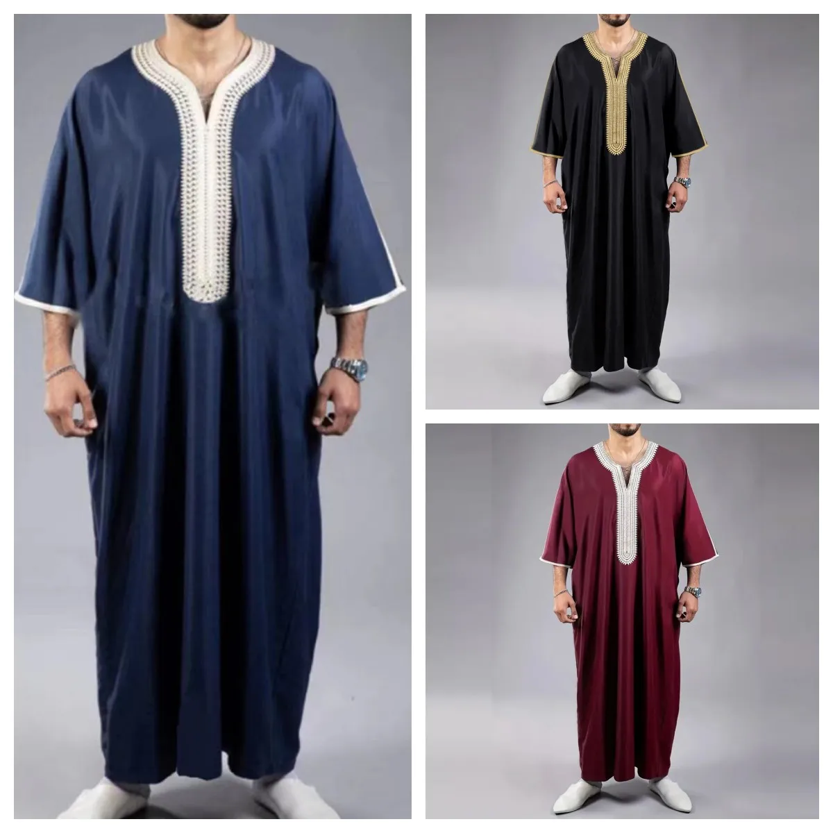 여름 2025 Kaftan 이슬람 남성 짧은 소매 수 놓은 느슨한 캐주얼 가운 남성용 통기성 이슬람 Abaya