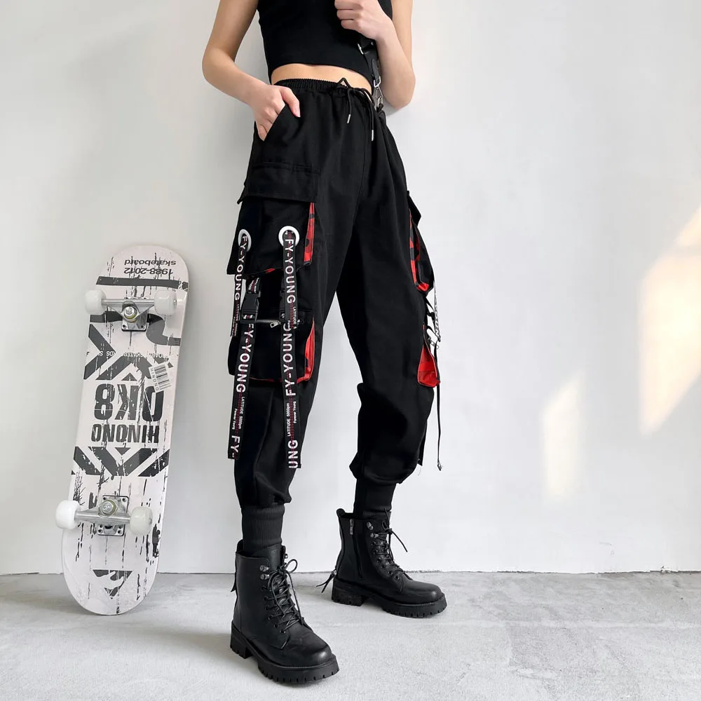 여성 카고 바지 2023 하렘 바지 패션 펑크 포켓 조깅 바지 체인 하라주쿠 Elastics 하이 웨스트 streetwear
