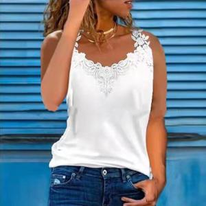플러스 사이즈 여성용 레이스 V넥 탱크 탑, 여성용 민소매 캐주얼 루즈 캐미솔 조끼, 여성용 티셔츠 의류, 여름