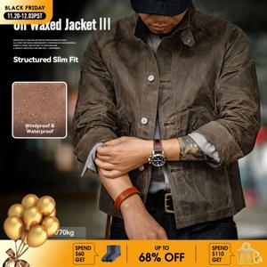 Maden 빈티지 스탠드 칼라 방풍 오일 왁스 캔버스 재킷, 클래식한 헌팅 스타일의 남성용 솔리드 컬러 재킷, 가을철에 적합하고 슬림핏과 견고한 형태의 바이커 스타일 상의