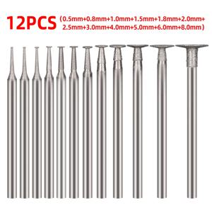 12PCS 2.35mm 그라인딩 비트 액세서리 초박형 T 헤드 생크 다이아몬드 마운트 포인트 스톤 옥 조각 폴란드어 조각 도구 세트