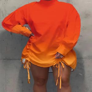 플러스 사이즈 타이 염색 하프 터틀넥 폴드 디자인 캐주얼 드레스와 드로스트링 긴 소매 미니 드레스