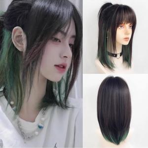 여자 블랙 그린 옹 브르 코스프레 짧은 스트레이트 합성 가발 늑대 꼬리 숭어 머리 매일 파티를위한 앞머리 가발