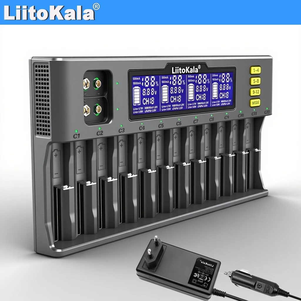 LiitoKala LiI-S12 스마트 충전기 14 슬롯 - 리튬 이온/LiFePO4/Ni-MH/9V 배터리 18650, 26650, AA용 CE 인증 범용 충전기