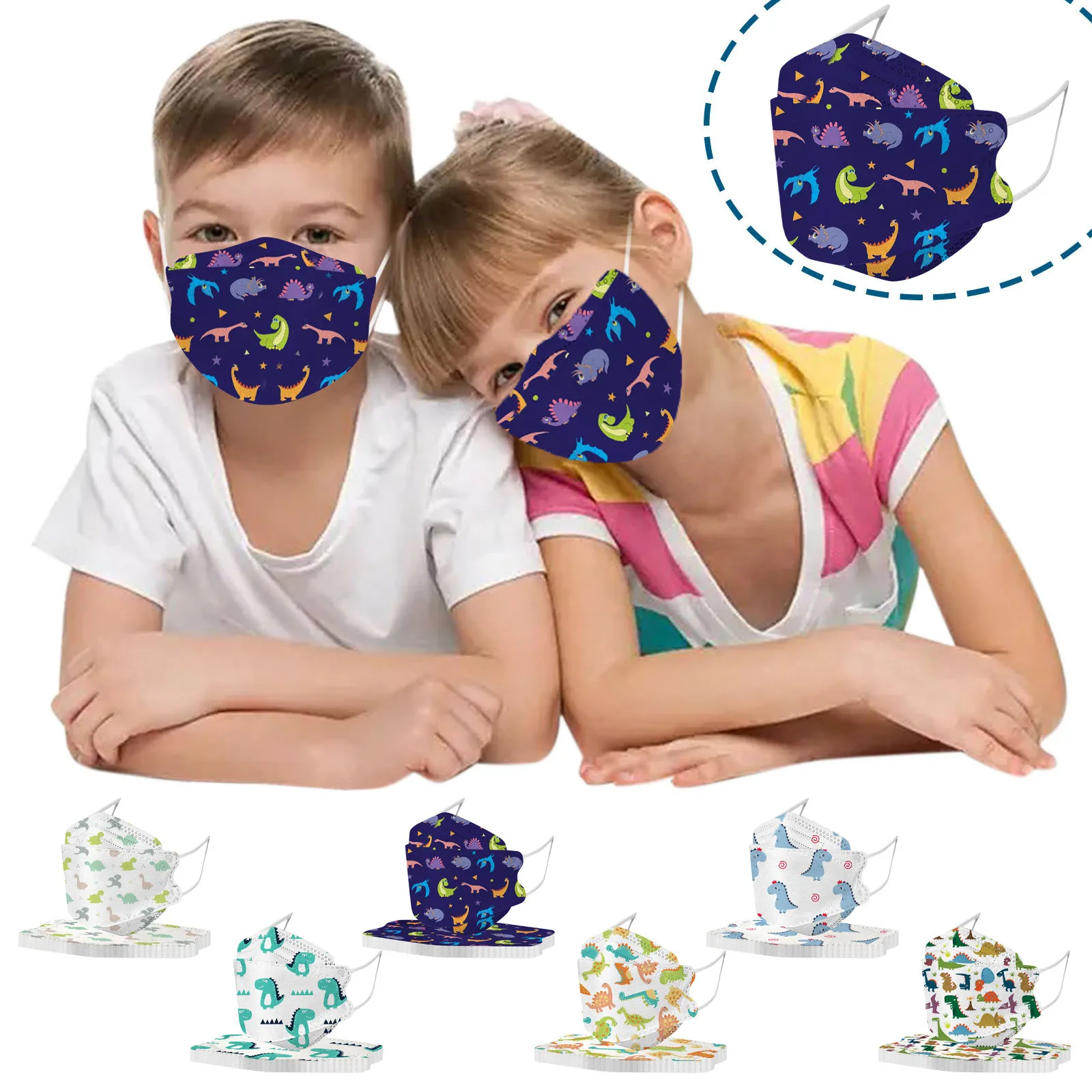 어린이 물고기 모양 공룡 디자인 일회용 마스크, 소년 소녀용 4 층 울트라 필터, 어린이 만화, 10 개