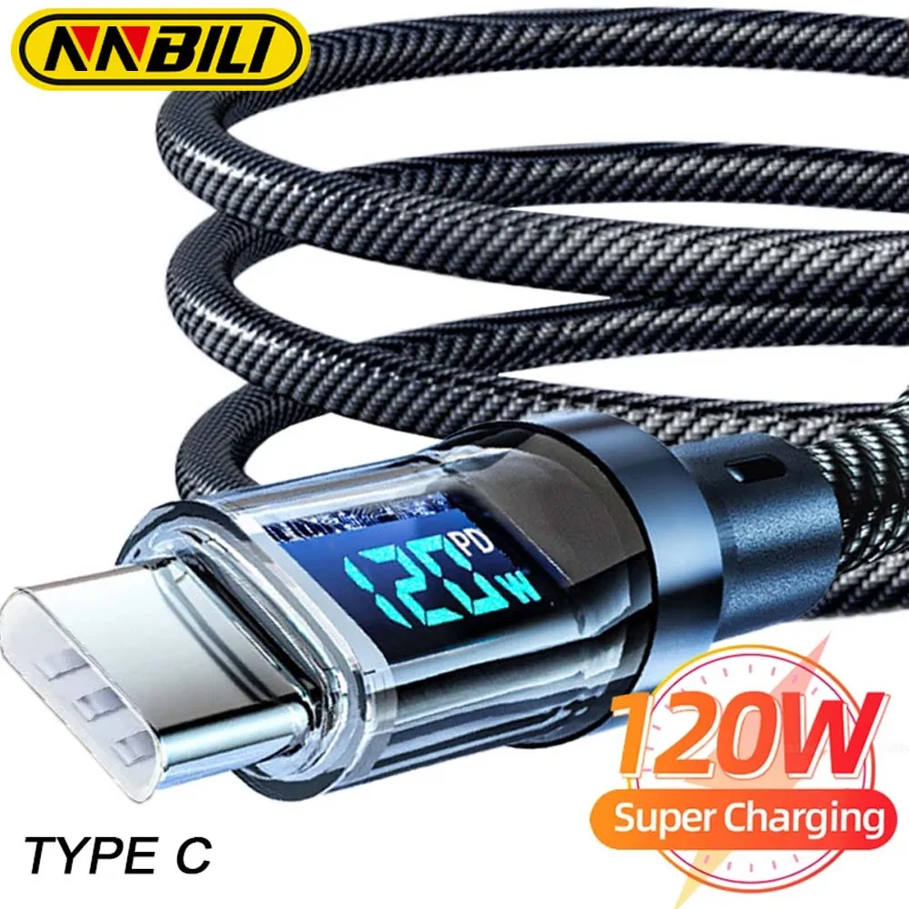 NNBILI 120W C타입 to C타입 케이블, 휴대폰 초고속 충전 케이블, LED 디스플레이, USB to C타입 데이터 코드, 화웨이 Oppo vivo용