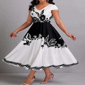 플러스 사이즈 페플럼 꽃무늬 드레스 - 우아한 V넥, 반소매, 부채꼴 밑단, 미디엄 스트레치, 지퍼 여밈, 기계 세탁 가능