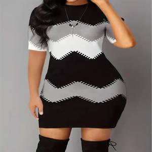 플러스 사이즈 캐주얼 드레스 여성 대형 컬러 블록 스트라이프 프린트 긴팔 크루 넥 드레스 봄/여름 블랙 스타일 드레스