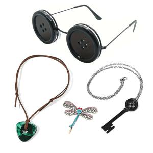 3pcs 영화 Coraline 목걸이 녹색 돌 펜던트 목걸이 로프 체인 블랙 해골 키 초커 잠자리 머리핀 쥬얼리