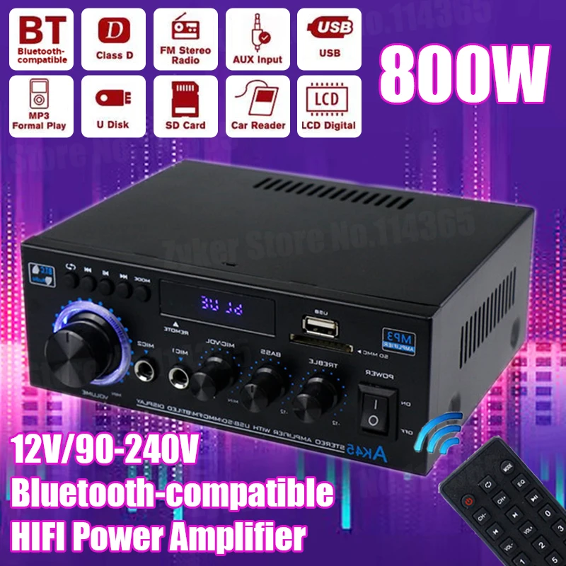 AK45/AK35 800W 가정용 전력 증폭기 2 채널 Bluetooth 5.0 미니 Hifi 디지털 스테레오 사운드 증폭기 지원 FM USB SD 마이크 입력
