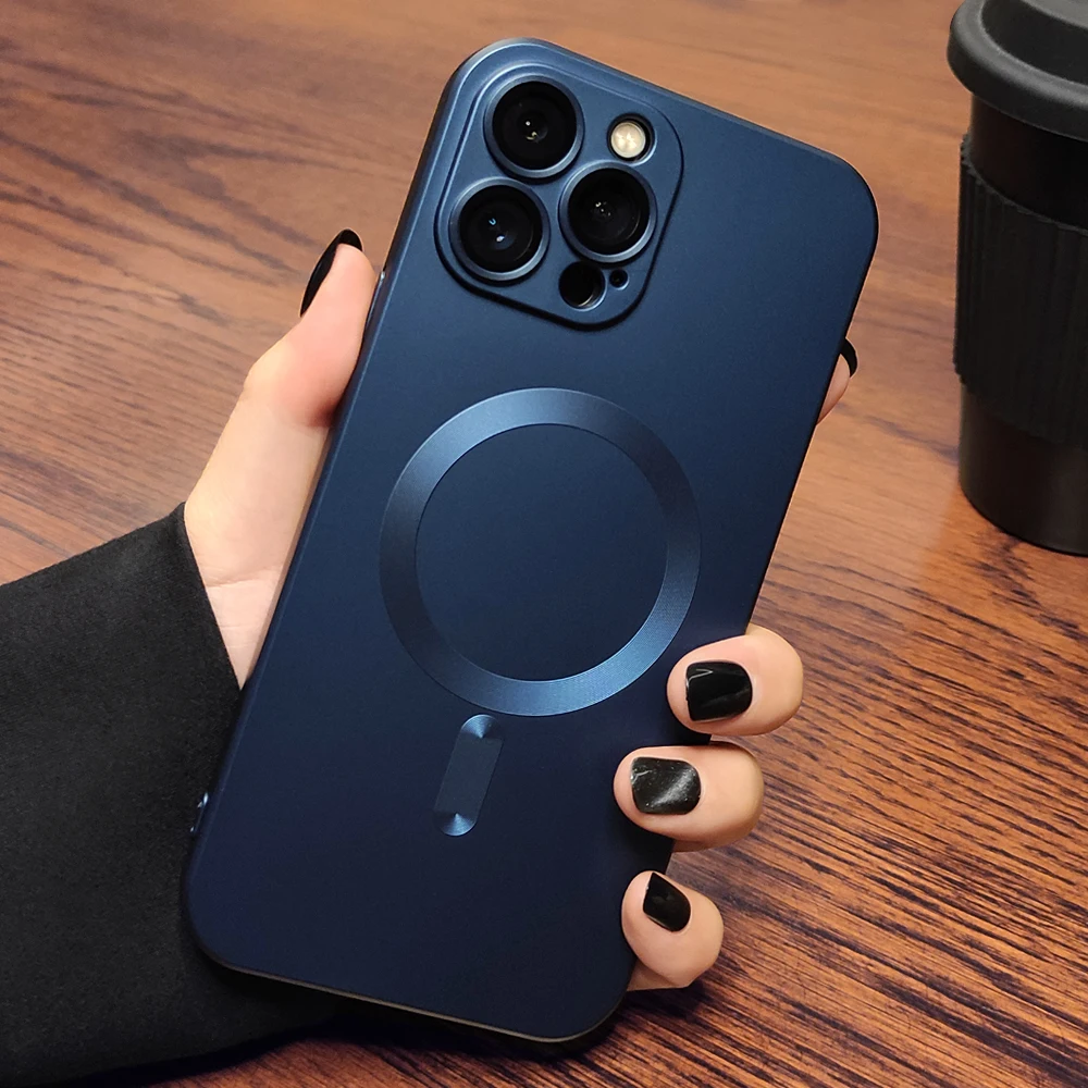 Magsafe 마그네틱 무선 충전 케이스 용 고급 매트 iPhone 13 11 12 14 15 Pro Max Plus 케이스 렌즈 보호 전화 커버