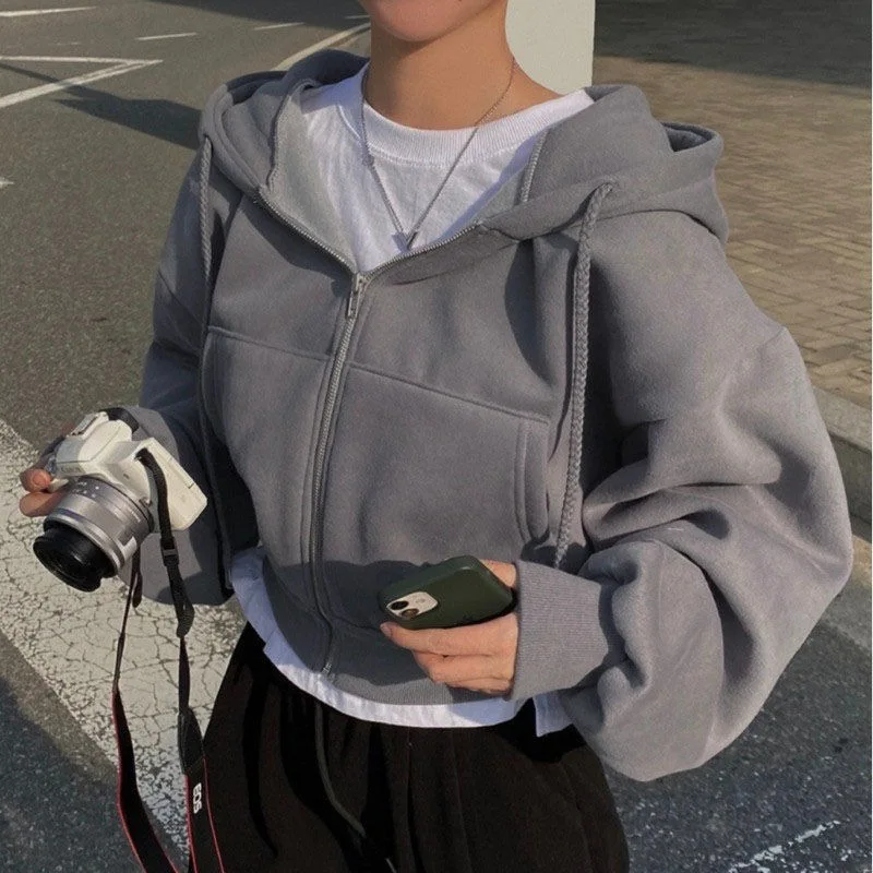 가을 겨울 후드 티 여성 캐주얼 streetwear 지퍼 업 스웨터 긴 소매 자켓 하라주쿠 y2k 자르기 탑 후드 셔츠