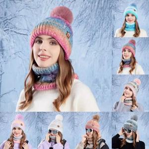 여성용 그라데이션 컬러 니트 모자 스카프 세트, 방한 방풍 비니 캡, 따뜻한 두꺼운 넥 워머, 겨울 패션