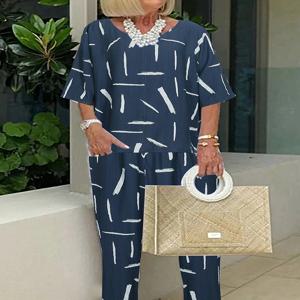 플러스 사이즈 캐주얼 투피스 세트 여성용, 플러스 스트라이프 프린트 반팔 라운드넥 티팬츠, 투피스 세트