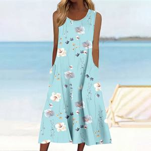 2025 여성 플러스 사이즈 여름 민소매 프린트 캐주얼 드레스 휴일 여성 의류 Vestidos Femininos Frete Grátis