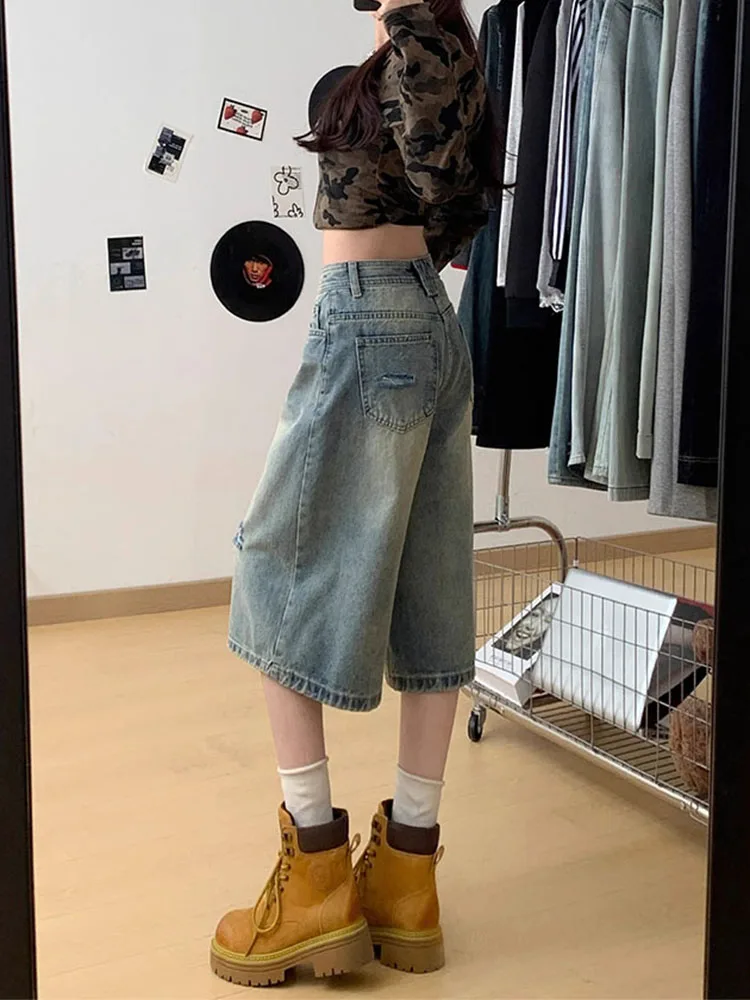 라이트 워시 하이웨이스트 찢어진 데님 세븐파이브 반바지 여성 여름 신상 루즈핏 스몰사이즈 라지사이즈 와이드 레그 얇은 미들팬츠